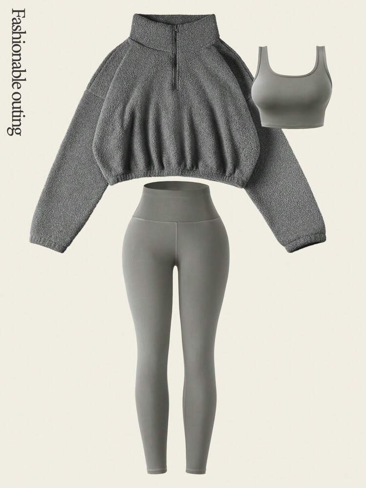 Easify SHEIN Sport 3pcs Women Casual Velvet Sports Set, Padded Vest, Leggings & For Workout, Outdoor, Workout Women Setwomen Workout Set Gym Women Outfit | SHEIN