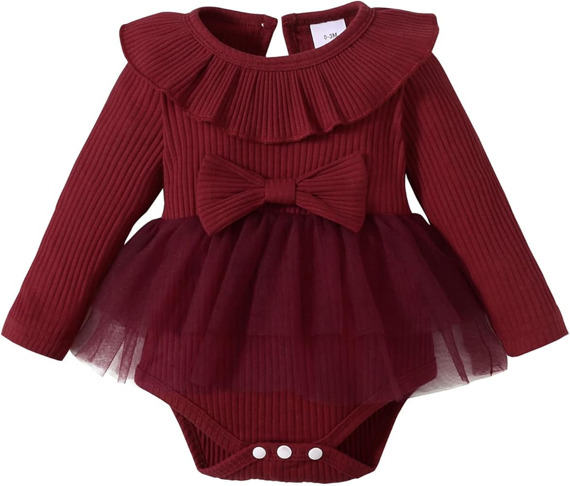 OPAWO Newborn Baby Girl Bodysuits Long Sleeve Ribbed Romper Onsies with Tulle Skirt Infant Baby G... | Amazon (US)