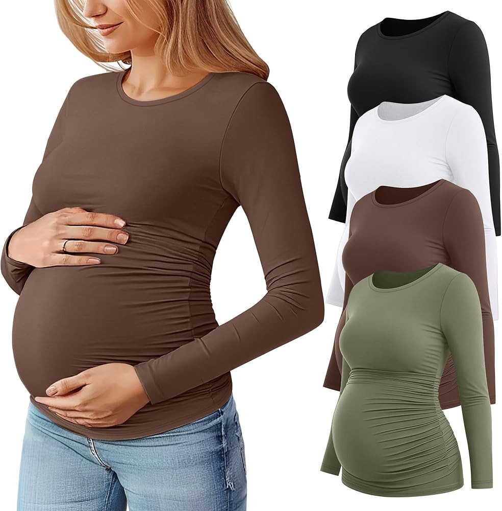 Huukeay 4 Pack Women's Maternity T Shirts, Long Sleeve Side Ruched Pregnancy Top Crew Neck Bodyco... | Amazon (US)