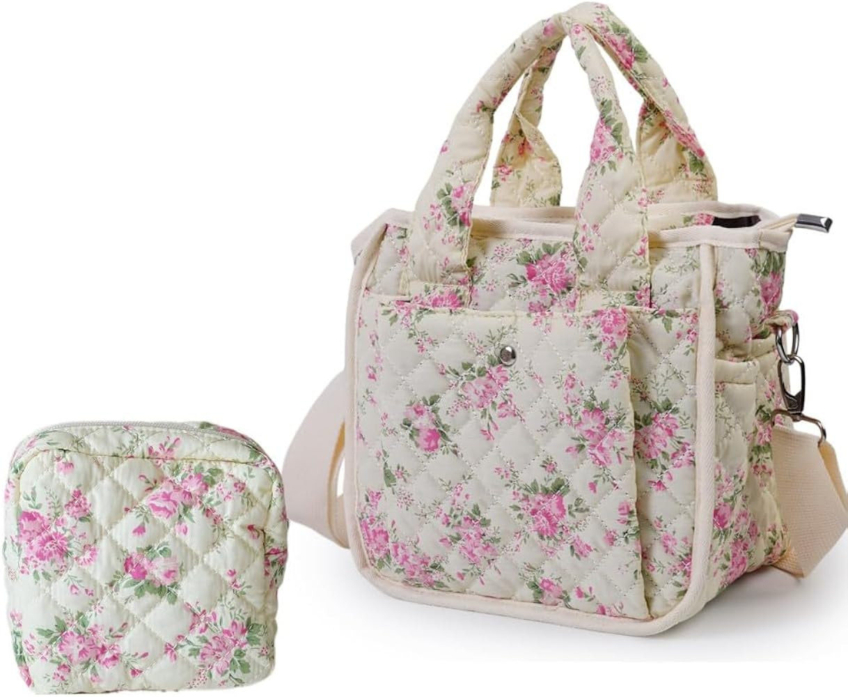 Small Floral Quilted Tote Bag for Women, Cute Crossbody Shoulder Purse with Pockets, Everyday Han... | Amazon (US)