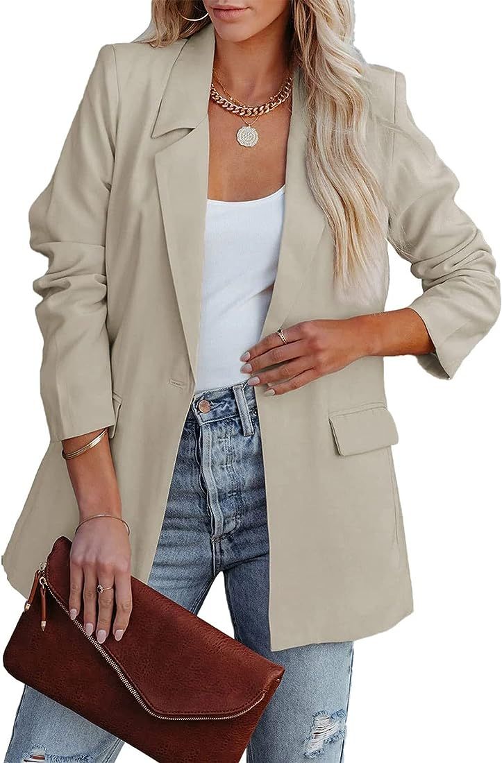 PRETTYGARDEN Women's Casual Blazers Long Sleeve Open Front Button Work Office Blazer Jackets with Po | Amazon (US)