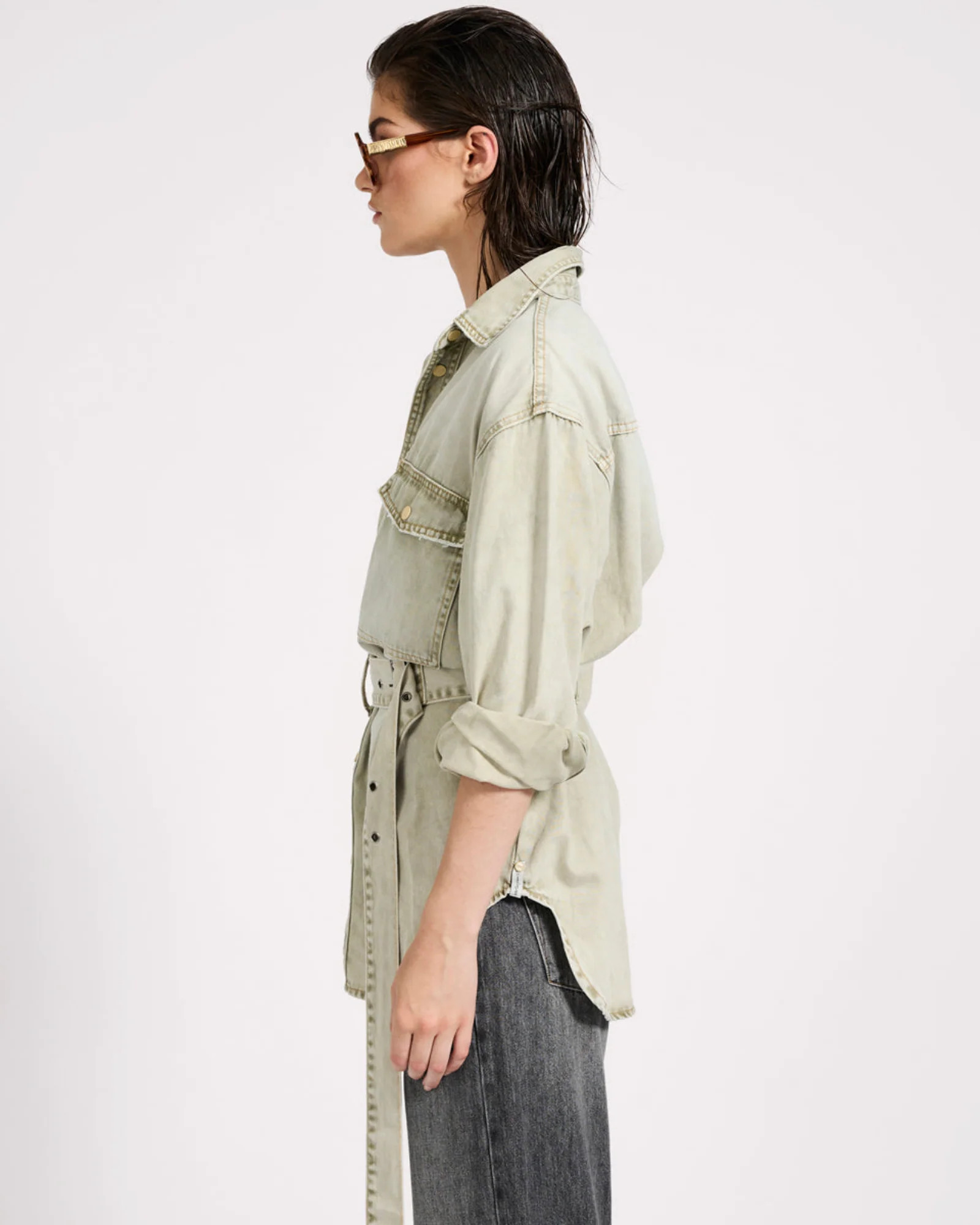 Belted Longline Denim Shirt - Antique Khaki | One Teaspoon | OneTeaspoon