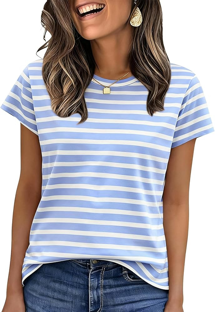 PEHMEA Women's Cotton Striped Short Sleeve T-Shirt - Soft Crew Neck Casual Summer Tops for Work W... | Amazon (US)