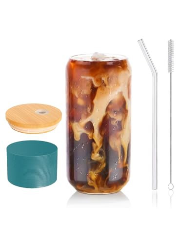 DAMCONME Glass Cup with Lid and Straw,Aesthetic Glass Bamboo Cup for Iced Coffee,Juice Matcha,16 Oz,1 Brush - Emerald | Amazon (US)
