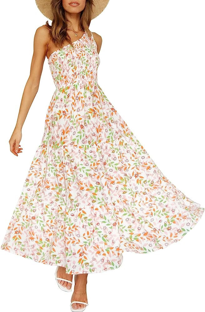 ZESICA Women's 2023 Bohemian Summer Floral Print One Shoulder Sleeveless Smocked Ruffle Tiered Be... | Amazon (US)