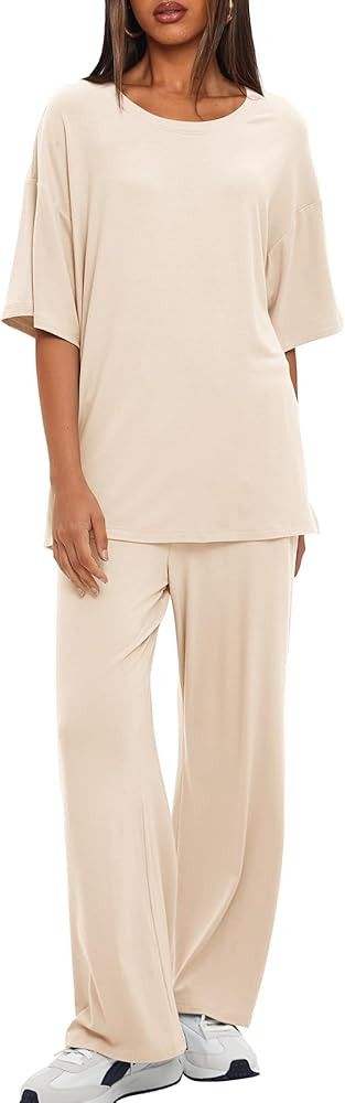 Darong Women's Two Piece Sets Casual Short Sleeve Top Wide Leg Pants Lounge Matching Set Travel V... | Amazon (US)
