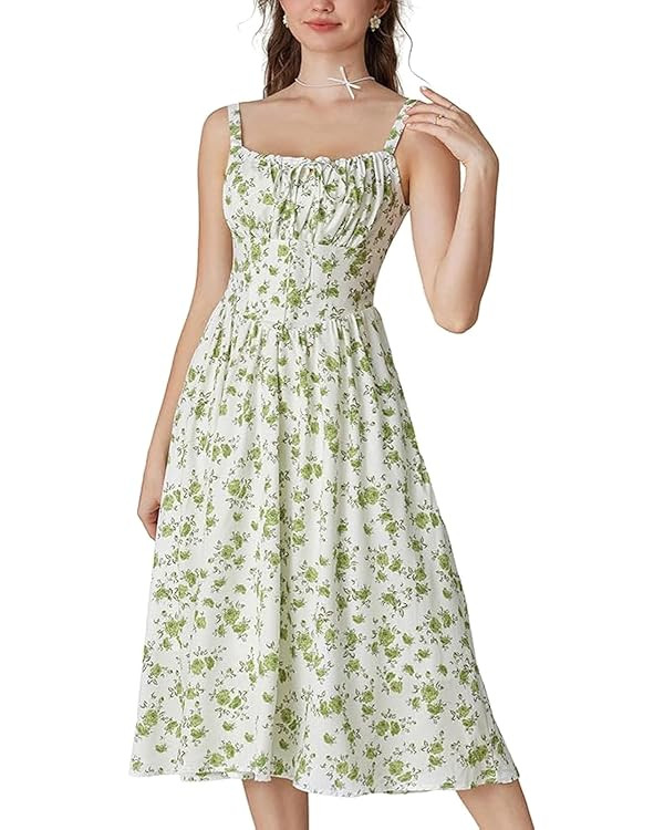 Scarlet Darkness Floral Printed Corset Dress Ruched Bust Cami Dress Flowy Sundress | Amazon (US)