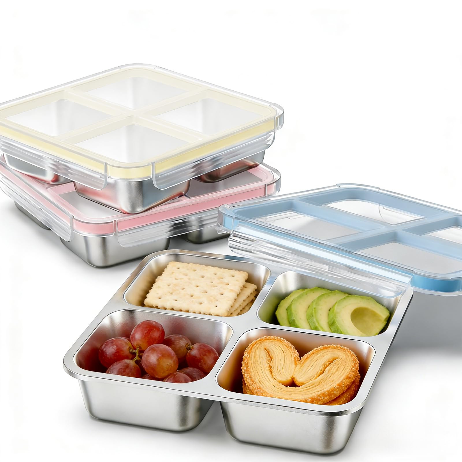 3 Pack Stainless Steel 4 Compartment Snack Containers with Lids, Reusable Divided Lunch & Food St... | Amazon (US)