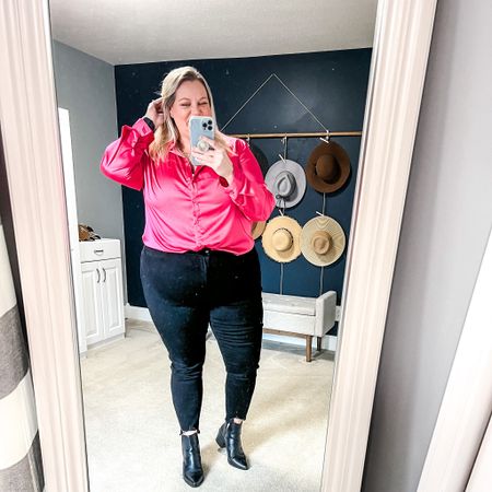 This hot pink satin shirt was perfect for this date night outfit. It comes in so many colors and I already have three of them! Hot pink is my favorite color also. These black jeans are an ankle skinny jean with frayed edges. My pointed toe black boots are old but I will link some similar. 

#LTKFind #LTKcurves #LTKstyletip