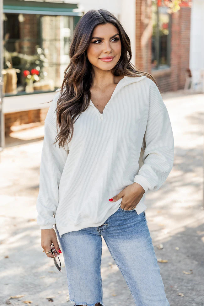 Making Changes Ivory Corduroy Quarter Zip Pullover | Pink Lily