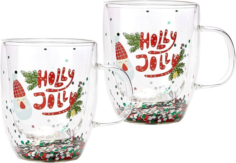 Christmas Glass Coffee Mug Set of 2 Mugs - Holly Jolly Tree Double Wall Insulated Cups Holidays 1... | Amazon (US)