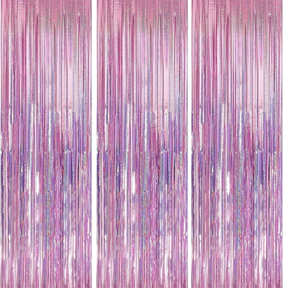Crosize 3 Pack 3.3 x 9.9 ft Pink Foil Fringe Backdrop Curtain, Streamer Backdrop Curtains, Stream... | Amazon (US)
