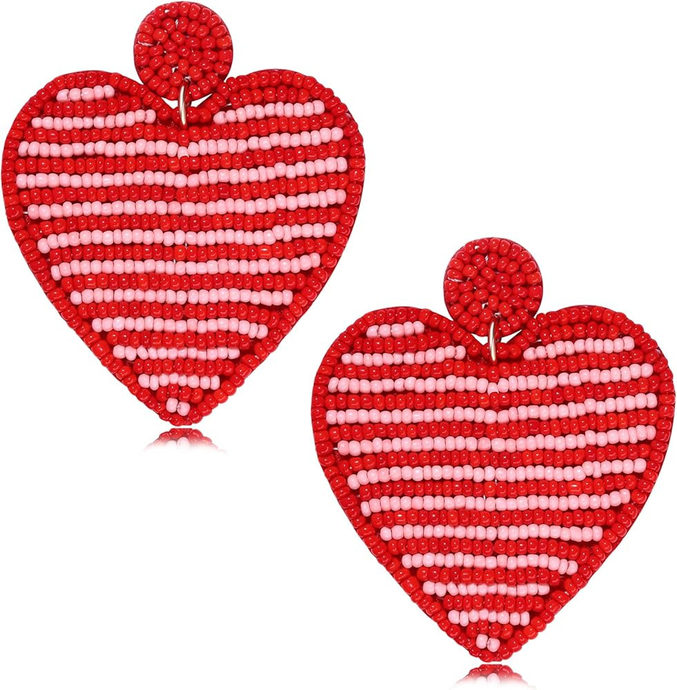 Valentine’s Day Earrings Beaded Heart Drop Earrings Edged in gold beading Fashion Trendy Big Lo... | Amazon (US)