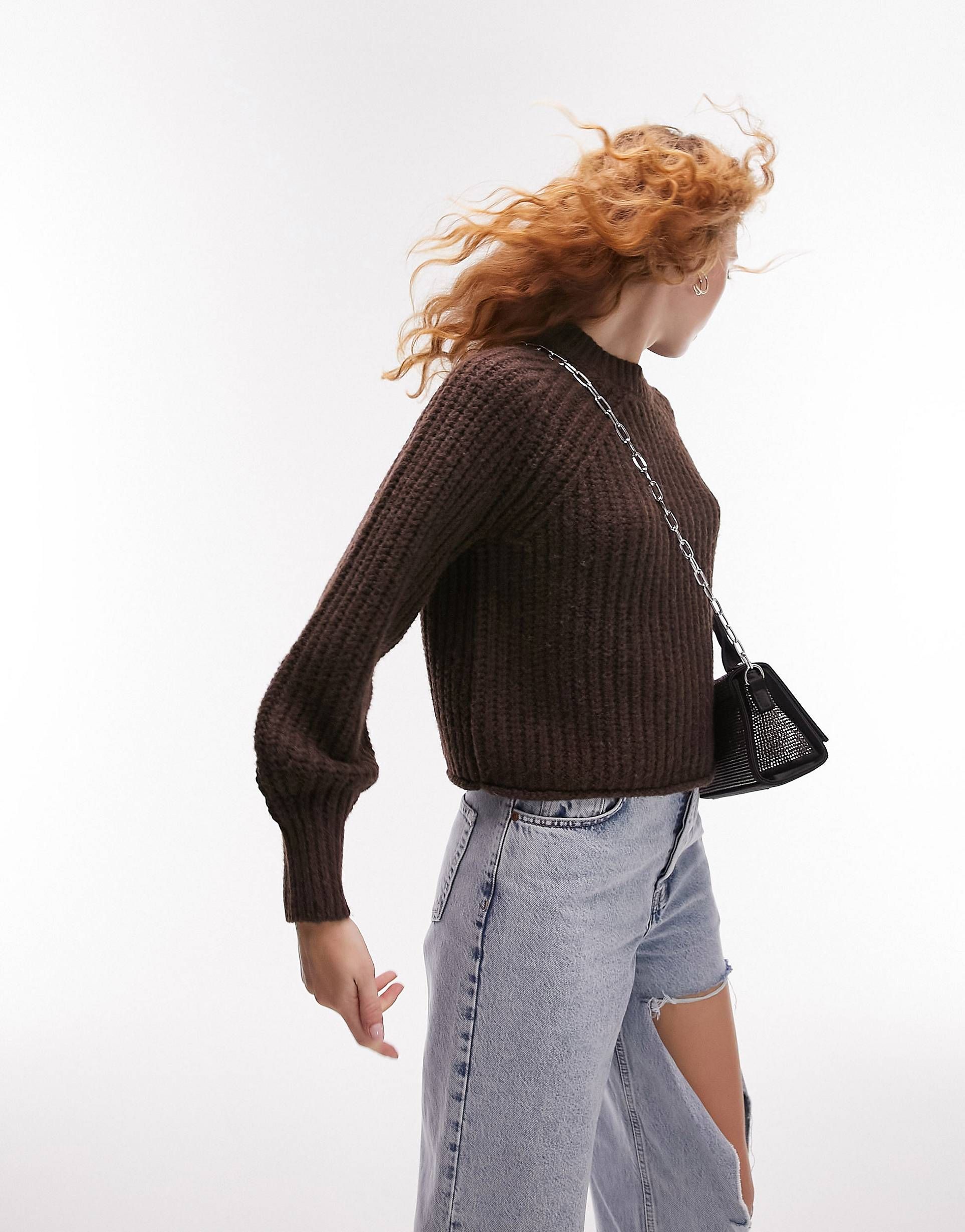 Topshop knitted rolled hem sweater in chocolate | ASOS (Global)