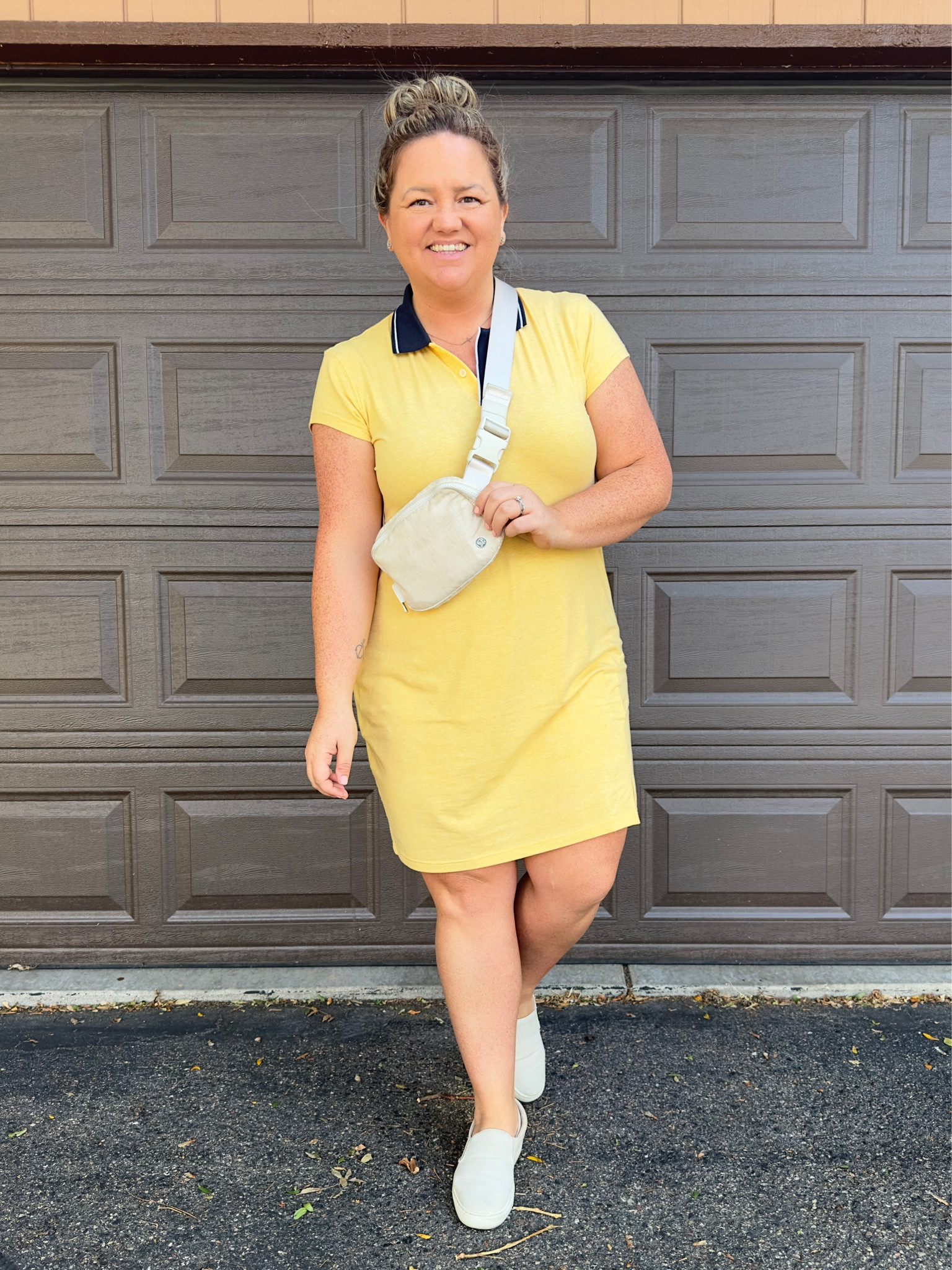 The Normal Brand TNB Summer dress slip on shoes lululemon bet bag bum bag yellow No show socks retro polo dress sun nude biker short shorts slick hair tie ties messy bun Victoria’s Secret bra 

#LTKFind #LTKstyletip #LTKcurves