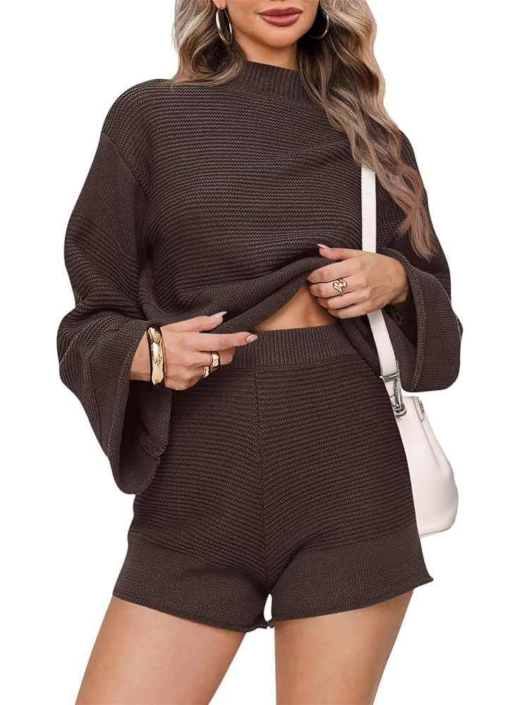 Tankaneo Womens 2 Piece Short Sets Bell Sleeve Mock Neck Oversized Sweater and Shorts Fall Sweate... | Amazon (US)