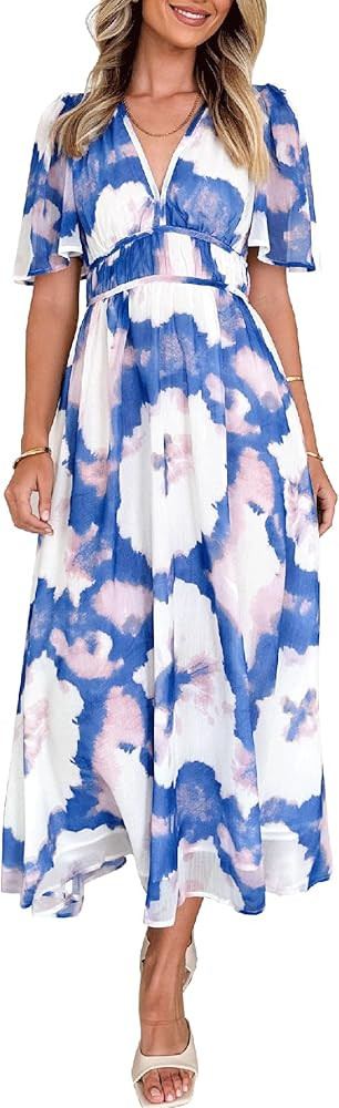 Womens V Neck Flutter Sleeve Boho Midi Dress Summer Wedding Guest Beach Party Long Dresses | Amazon (US)