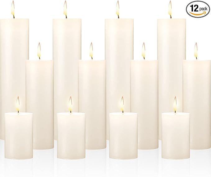 Nuogo 12 pcs Ivory Pillar Candles Dripless Unscented Candles Paraffin Wax Tall Tapers for Wedding... | Amazon (US)