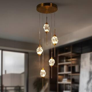 Lucivagus 5-Light Integrated LED Plating Brass Crystal Chandelier for Foyer Staircase Dining Room Open-Concept Space | The Home Depot