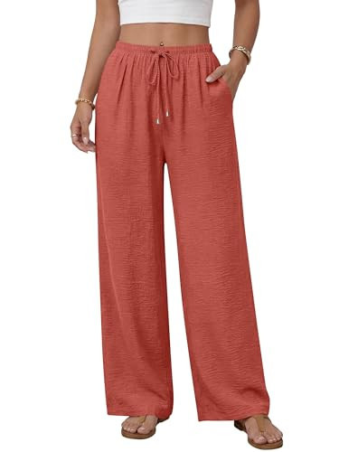 ANRABESSWomens Palazzo Pants Wide Leg Flowy Drawstring High Waisted Casual Trousers 2026 Summer Beach Vacation Clothes Orange Red Medium | Amazon (US)
