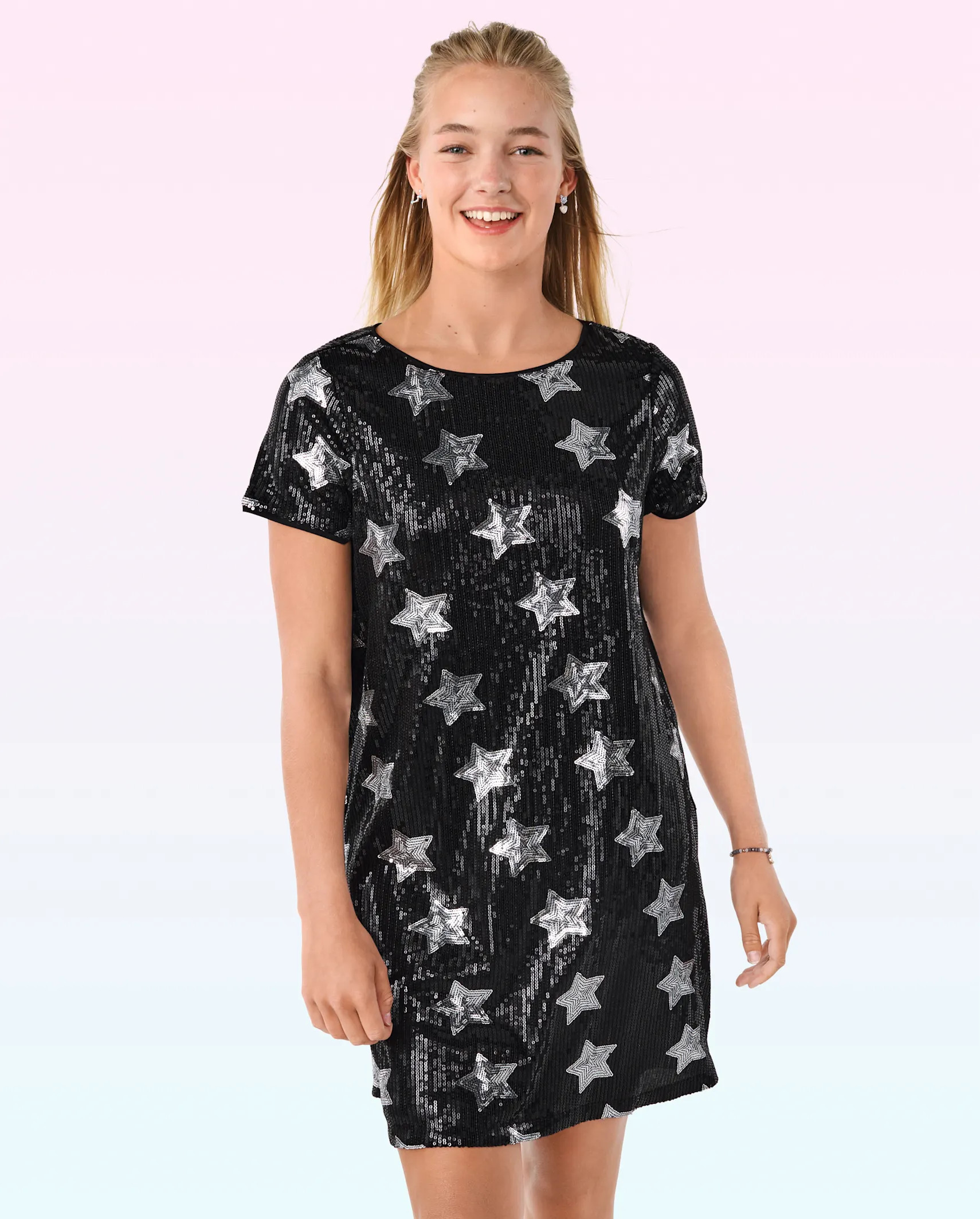 Teen Girls Short Sleeve Star Print Sequin Woven Shift Dress - BLACK | The Children's Place | The Children's Place