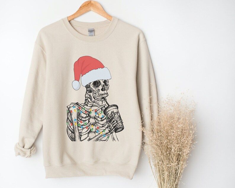 Christmas Skeleton Drinking Iced Coffee Sweatshirt, Skeleton Wearing Santa Hat Crewneck, Cute Low... | Etsy (US)