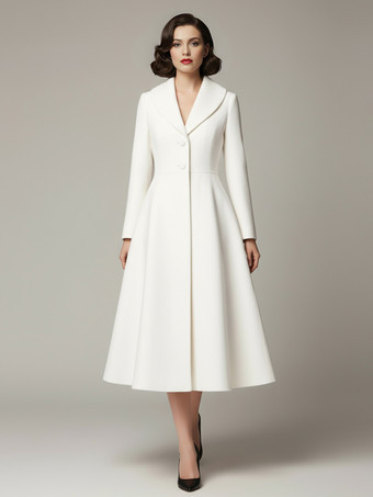 Vintage Unique Lapel A-line Woolen Flared Coat In White For Women 2026 | Milanoo