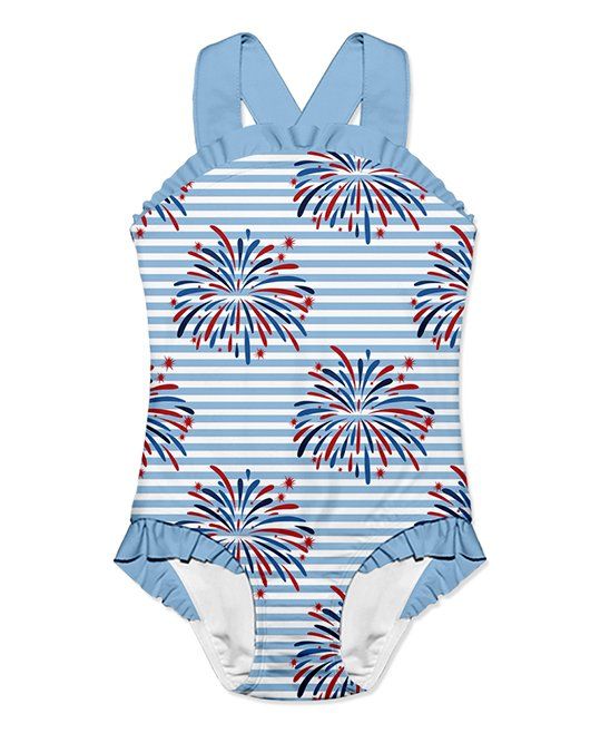 Light Blue Stripe Fire Works Ruffle-Accent Strap One-Piece - Infant, Toddler & Girls | Zulily