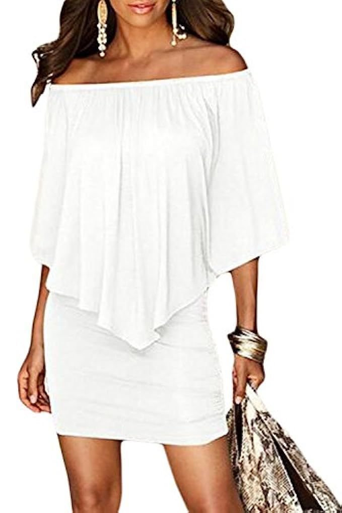 Sidefeel Women Off Shoulder Ruffles Bodycon Mini Dress | Amazon (US)