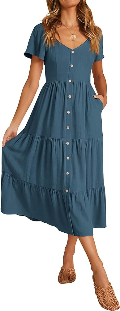 KIRUNDO Women 2024 Spring Summer Casual Linen Short Sleeve Midi Dress Button V Neck Tiered Vacati... | Amazon (US)