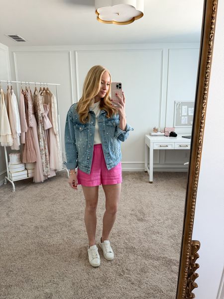 The cutest casual spring outfit. I paired a white tee with these fun linen shorts from Loft. I added an embellished jean jacket and some sneakers to finish the look  

#LTKshoecrush #LTKSeasonal #LTKstyletip