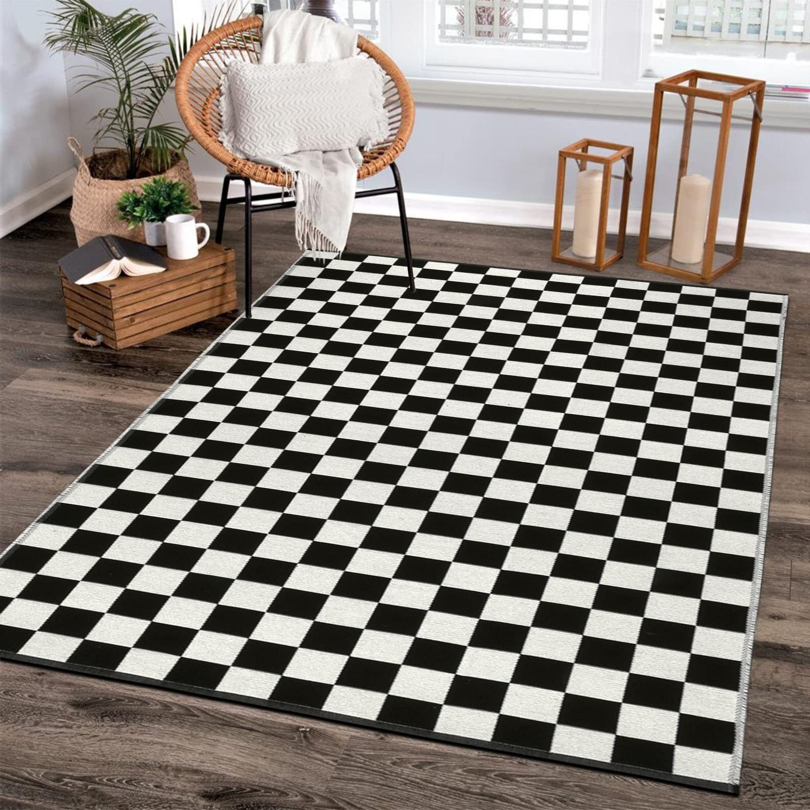 LEEVAN Black and White Checkered Area Rug 3x5 ft Machine Washable Indoor Outdoor Rug Checkerboard Mo | Amazon (US)