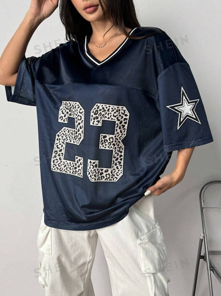 SHEIN EZwear Navy Blue Mesh Printed T-Shirt For Women | SHEIN