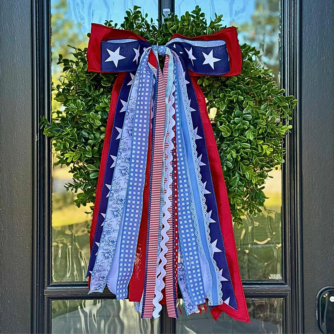 Patriotic Wreath Bow Red Navy Light Blue Star Ribbon Bundle Front Door Summer Porch Decor Fourth ... | Etsy (Global)