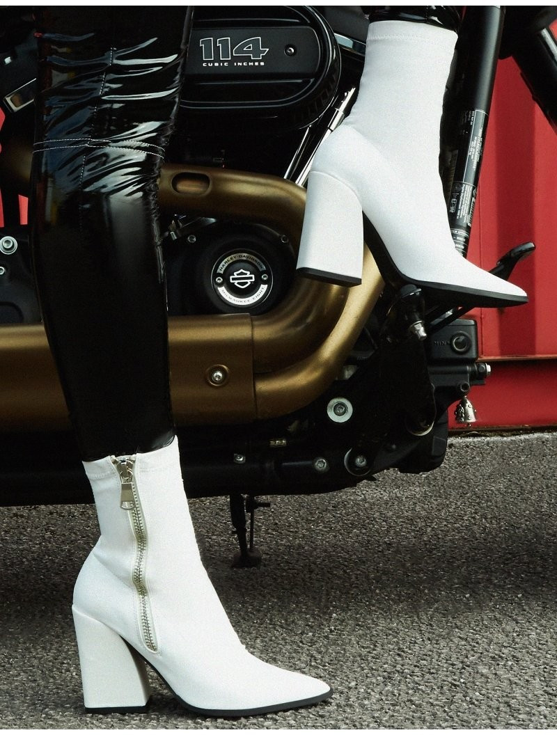 Jamie White PU Sock Fit Block Heeled Ankle Boots | Public Desire