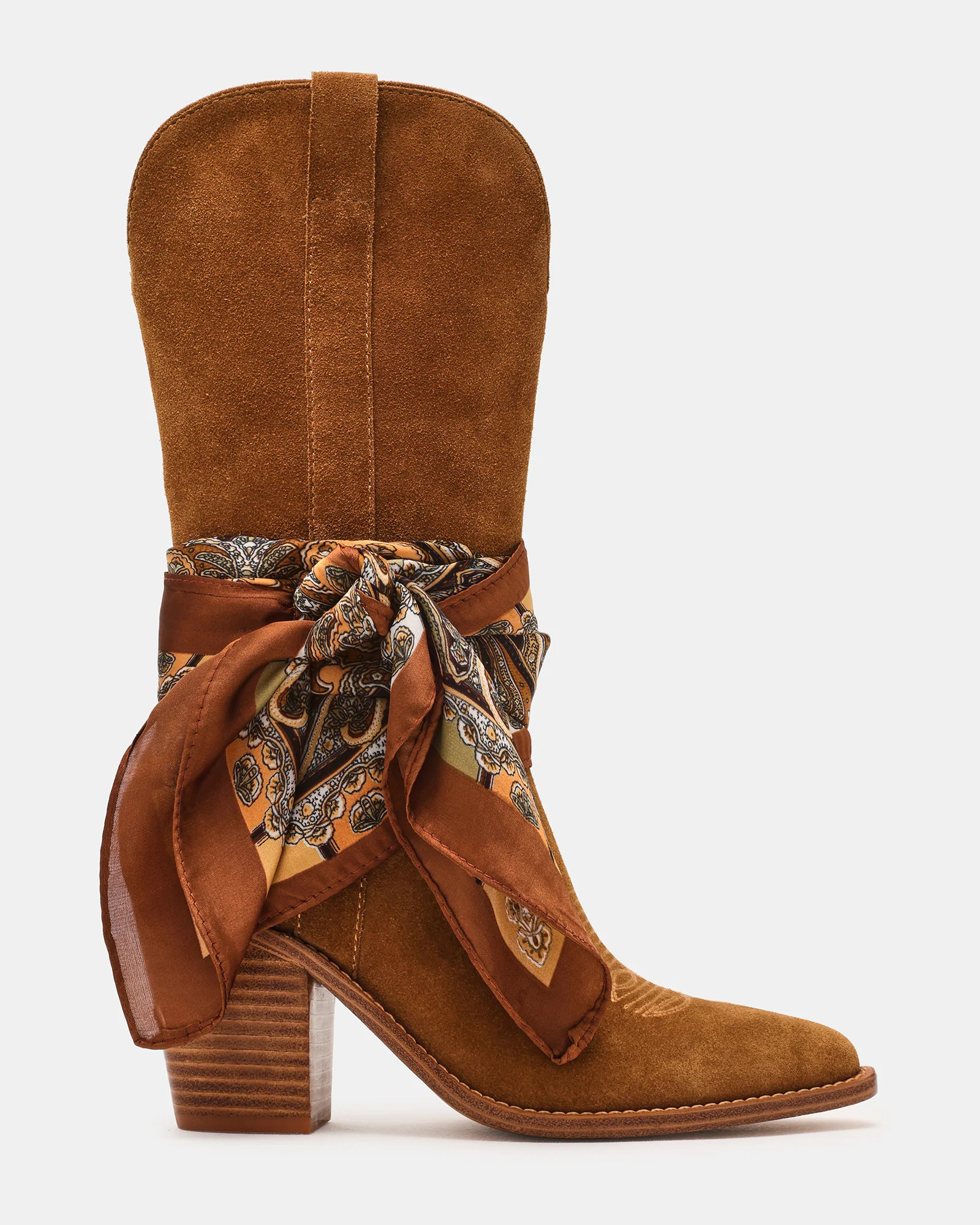 SALLY SCARF Chestnut Suede Pointed-Toe Western Block Heel Women's Boot | Steve Madden (US)