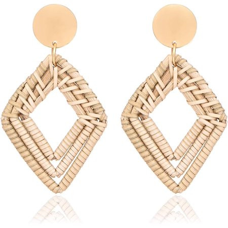 Woven Rattan Earrings Handmade Wicker Earrings Straw Knit Hoop Earrings Lightweight Raffia Braid Drop Dangle Earring for Women Girls Rhombus Rhombus | Walmart (US)