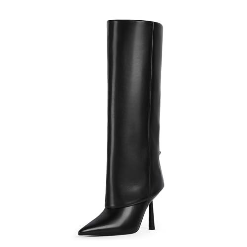 Modatope Black Fold Over Boots Pointed Toe Stiletto Knee High Boots High Heel Side Zipper Tall Boot Fashion Dressy Fall Boots for Women Size 9.5 | Amazon (US)