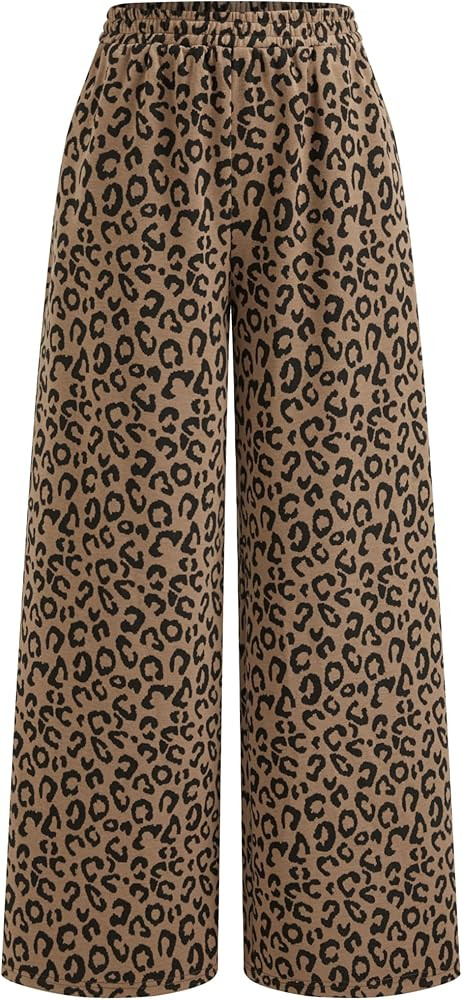 CIDER Women Leopard Print Wide Leg Lounge Pants Elastic Waist Casual Trousers with Pockets | Amazon (US)