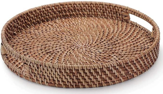 13.8 inch Rattan Tray, Round Wicker Tray with Cut-Out Handles, Woven Serving Tray for Dining / Co... | Amazon (US)