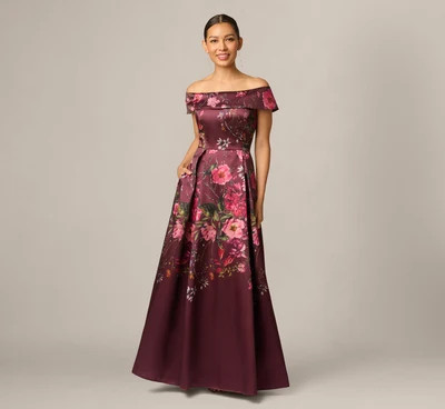 Petite Off Shoulder Garden Floral Mikado Ballgown In Burgundy Multi | Adrianna Papell