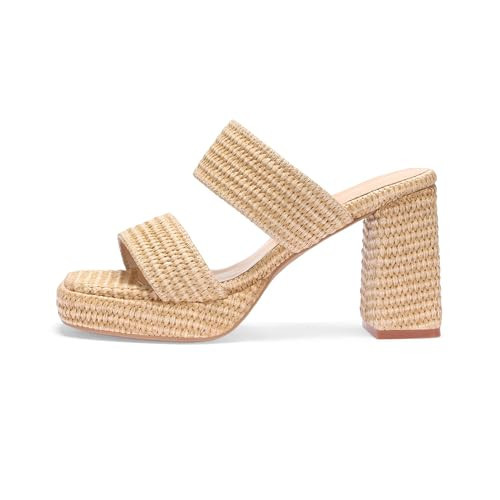 Monrovia Raffia Sandals Women Heeled Sandals Slip On Open Toe Chunky Platform Heel Woven Double Strap Vacation Summer Shoes,Apricot,9 | Amazon (US)