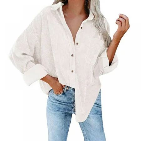 Women s Corduroy Shirt Button Lamp Corduroy Loose Casual Shirt Long Sleeve Button Down Shirt White L | Walmart (US)