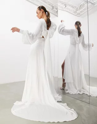 ASOS EDITION Mary satin wedding dress with drape bow back and blouson sleeves in ivory | ASOS (Global)