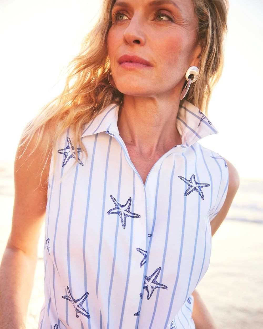 No Iron™ Starfish Striped Sleeveless Sateen Shirt | Chico's