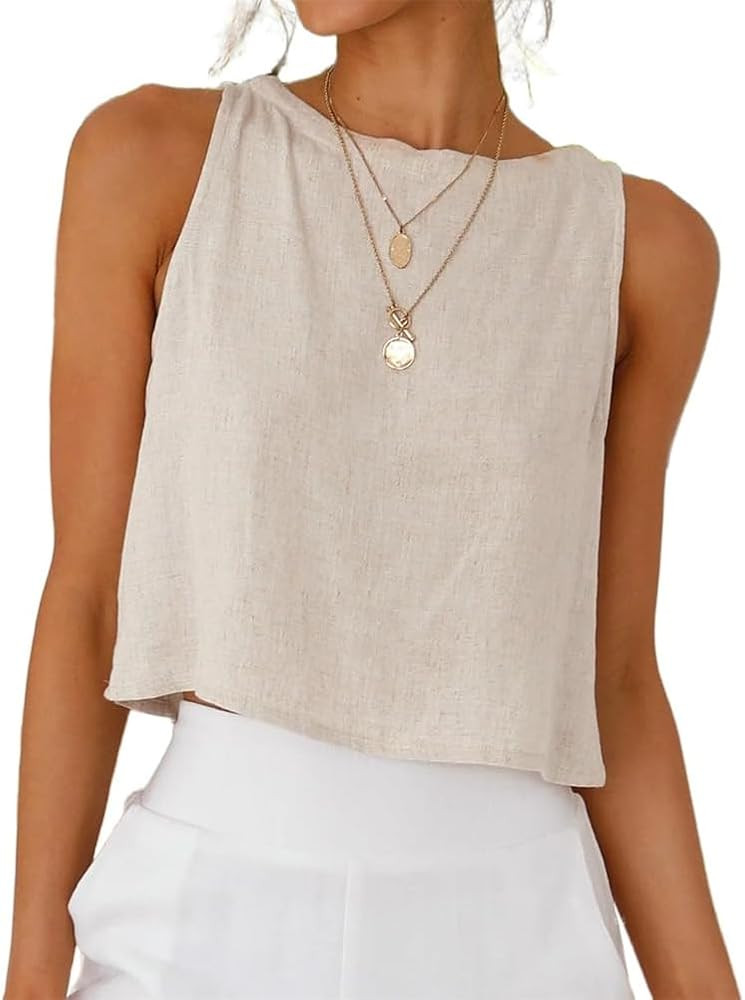 Kinghua Womens Linen Crop Tops Summer Casual Loose Crewneck Sleeveless Tank Top Linen Shirts | Amazon (US)
