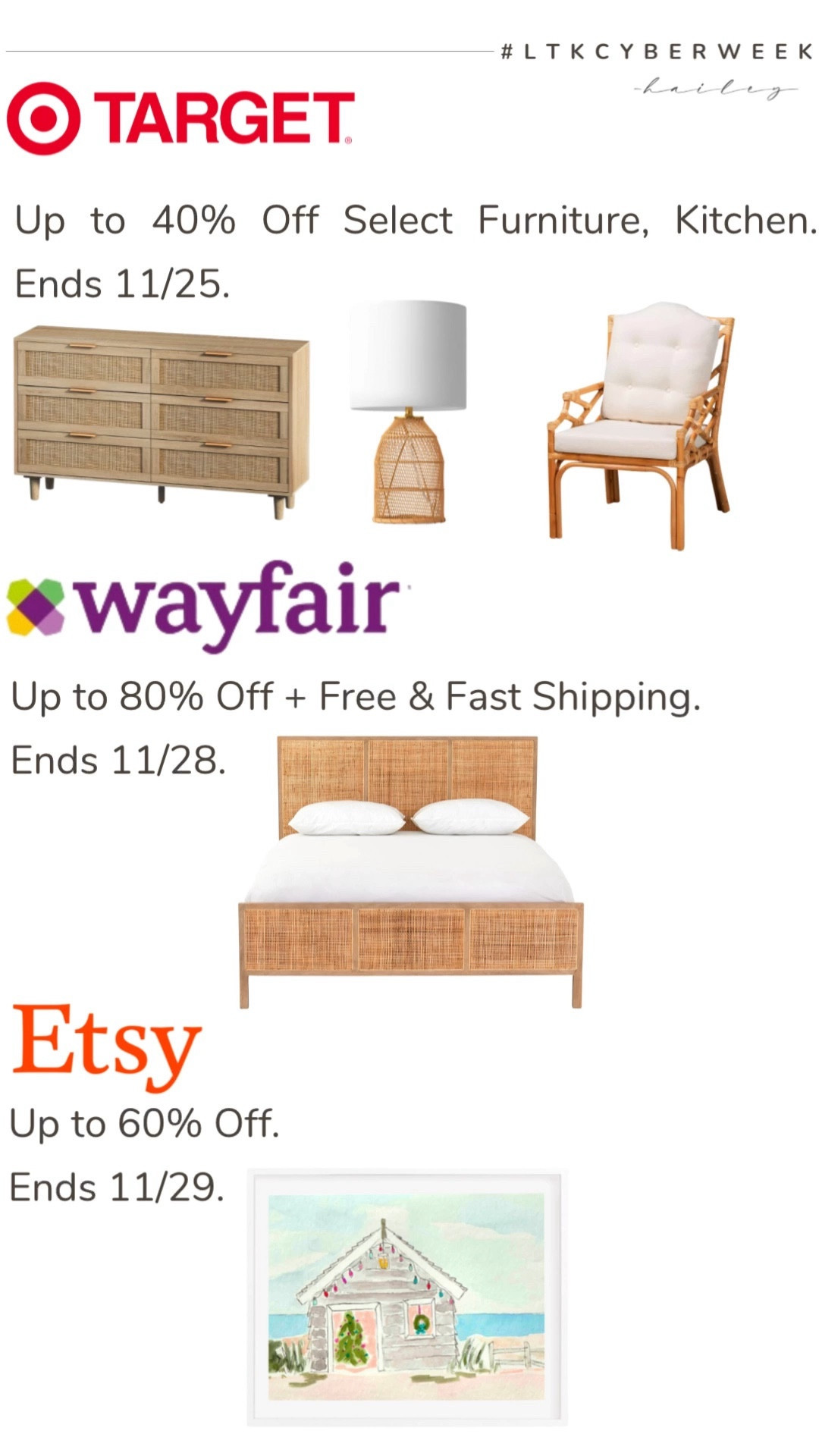 Shoppers, seize these fantastic Black Friday and Cyber Monday deals to elevate your home with chic style!

🤍 Target is offering up to 40% off on select furniture and kitchen items until 11/25. Perfect for adding that timeless touch to your living spaces.

🤍 Dive into Etsy's sale with up to 60% off until 11/29. Discover unique pieces that effortlessly blend with classic decor.

🤍 Transform your space with Wayfair's impressive up to 80% off deal, coupled with free and fast shipping until 11/28. Elevate your home with enduring style. Happy shopping!

#LTKsalealert #LTKCyberWeek #LTKhome