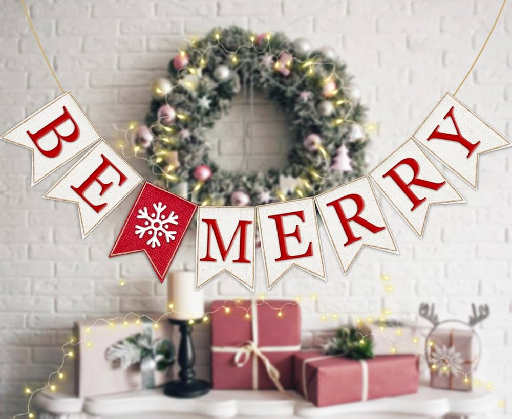Whaline Christmas Burlap Banner BE MERRY Banner Pre-Assembled Red White Xmas Bunting Garland Cele... | Amazon (US)