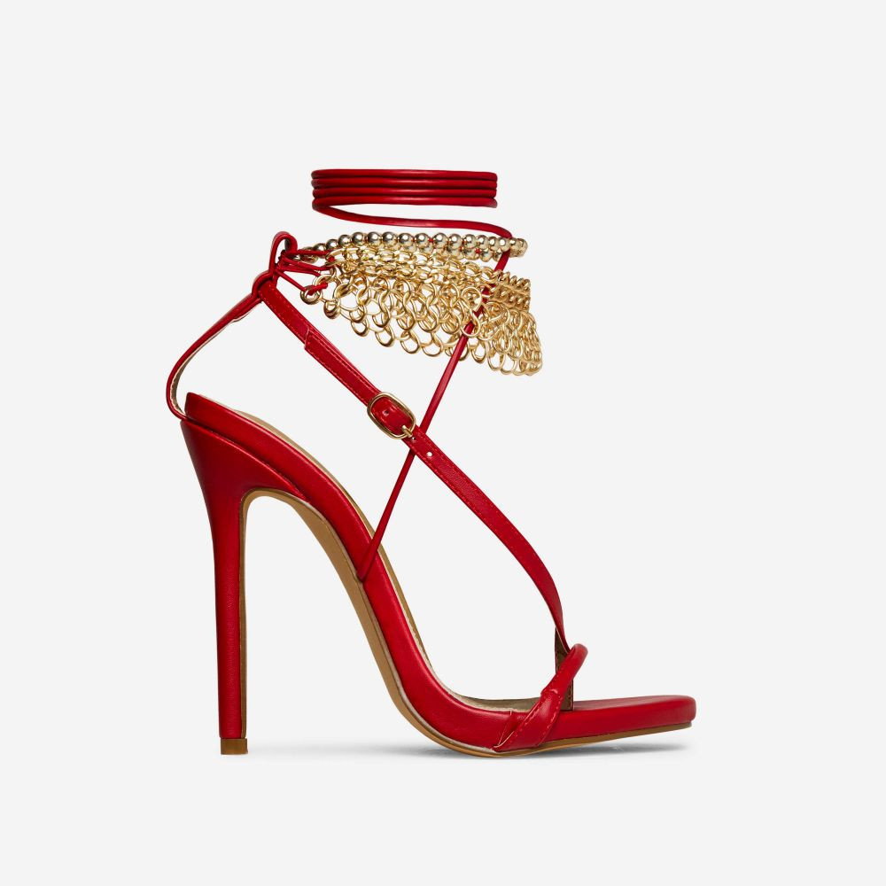 Genie Lace Up Chain Buckle Detail Open Toe Platform Stiletto Heel In Red Faux Leather | EGO Shoes (US & Canada)