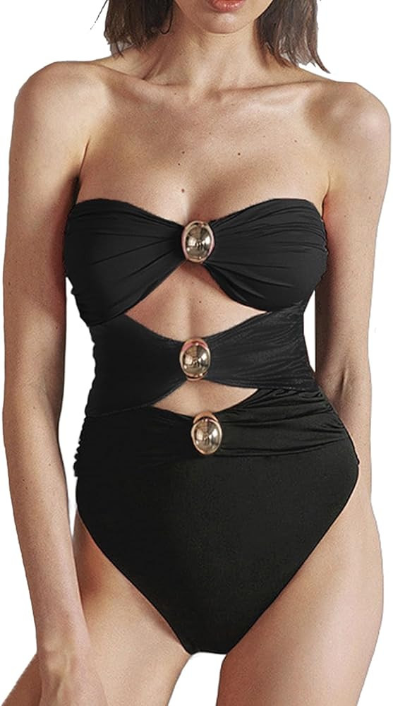 SherryDC Women's Cutout One Piece Swimsuit Bandeau Ruched Color Block High Waisted Bathing Suit w... | Amazon (US)
